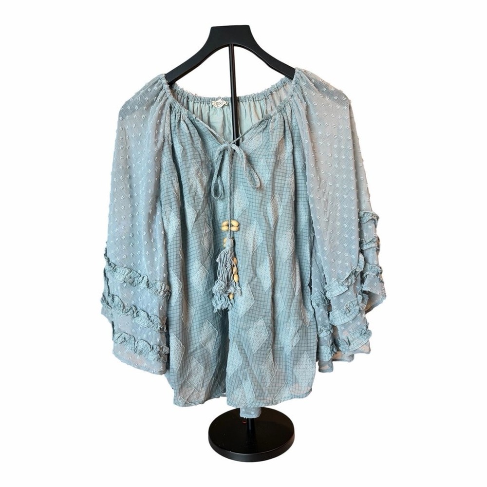 Miss Me Blue Boho Peasant Blouse with Tassel Tie and Ruffle Sleeves